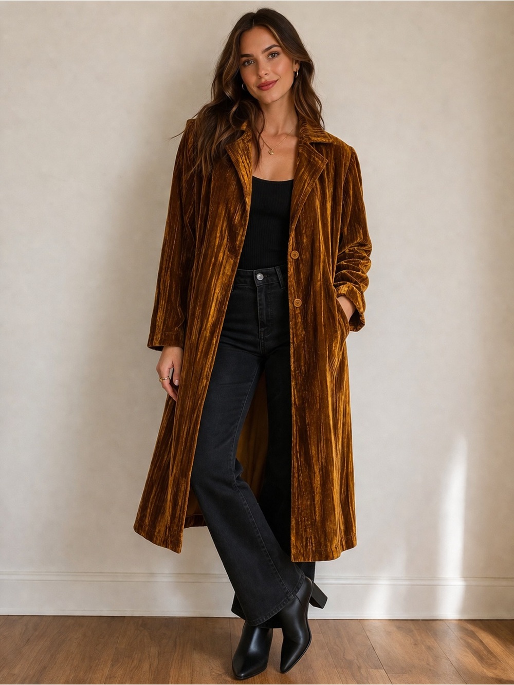 Easel (Sample) Long Velvet Duster in Rich Caramel Brown